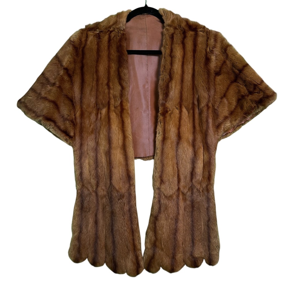Vintage Mink Fur Stole Cape OS Genuine Fur Scalloped Brown 1950s 1960s Stole